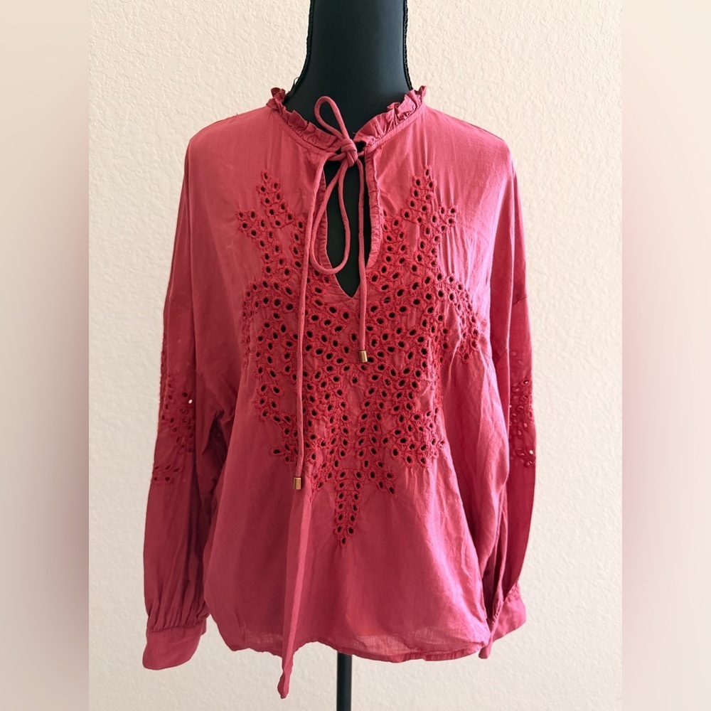 Zara Women’s Cherry Red Eyelet Blouse | Bohemian Lace Detail Top
